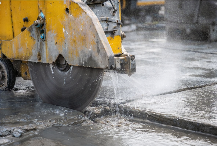 Wet concrete saw cutting through a slab